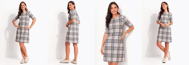 Vestido Curto Evas� Xadrez em Ribana Canelada com Fenda