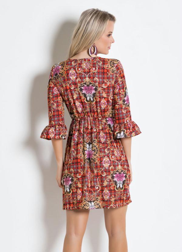 Moda Pop - Vestido Xadrez/Flor Mangas 7/8 Abertura Sino 2