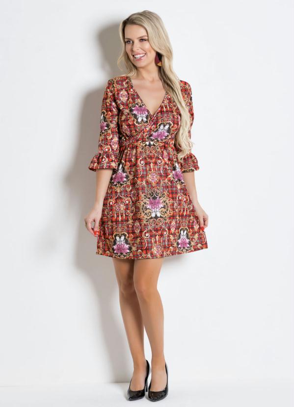 Moda Pop - Vestido Xadrez/Flor Mangas 7/8 Abertura Sino 3