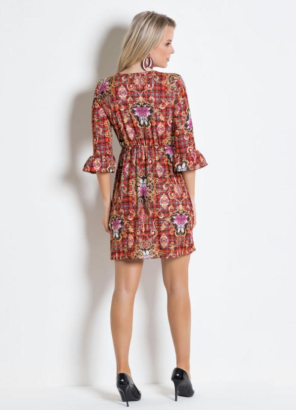 Moda Pop - Vestido Xadrez/Flor Mangas 7/8 Abertura Sino 4