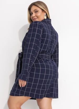 Quintess - Vestido Curto Alfaiataria Xadrez Grid Azul com Manga Longa e Cinto - QUINTESS