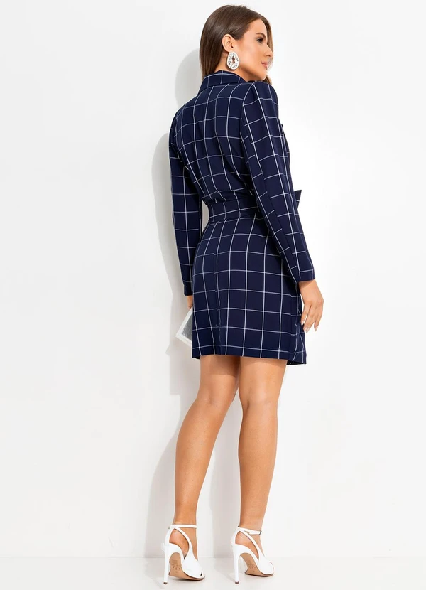 Quintess - Vestido Curto Alfaiataria Xadrez Grid Azul com Manga Longa e Cinto 12