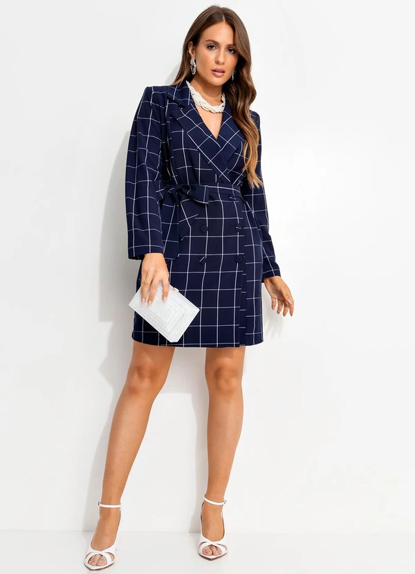 Quintess - Vestido Curto Alfaiataria Xadrez Grid Azul com Manga Longa e Cinto 11