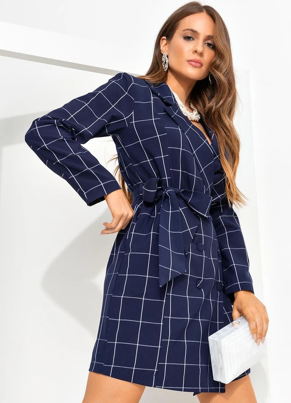 Quintess - Vestido Curto Alfaiataria Xadrez Grid Azul com Manga Longa e Cinto 10