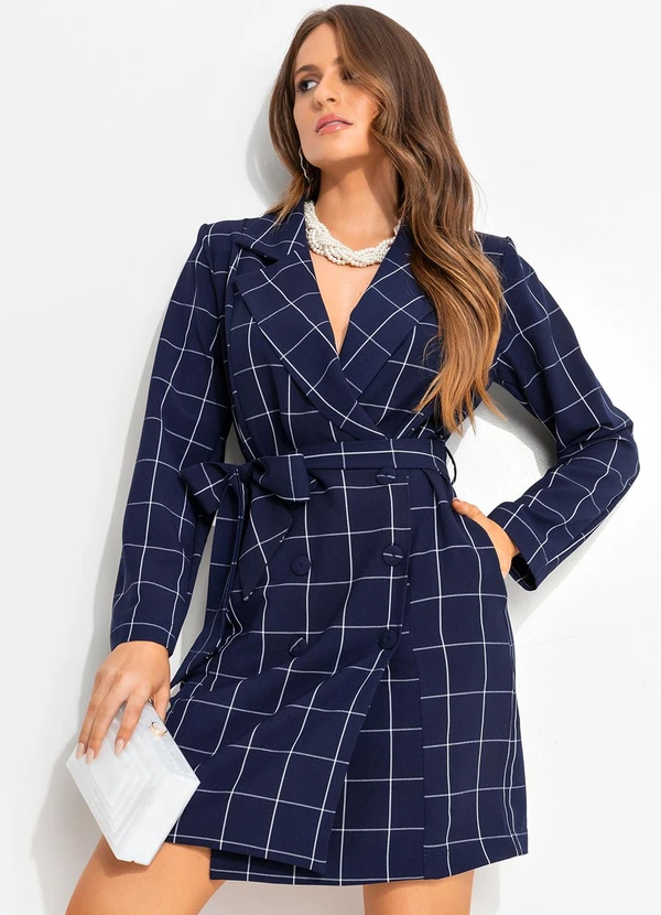 Quintess - Vestido Curto Alfaiataria Xadrez Grid Azul com Manga Longa e Cinto 9