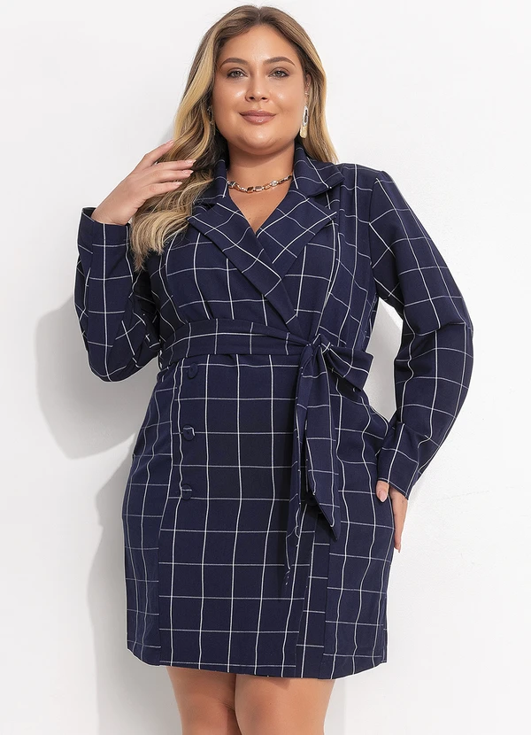 Quintess - Vestido Curto Alfaiataria Xadrez Grid Azul com Manga Longa e Cinto 6
