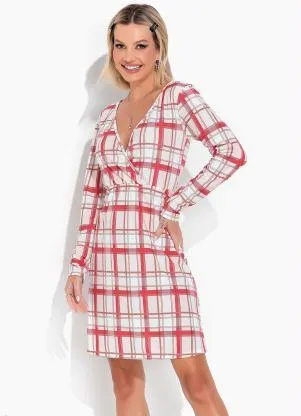 Moda Pop - Vestido Xadrez Off White com Decote Transpassado - MODA POP