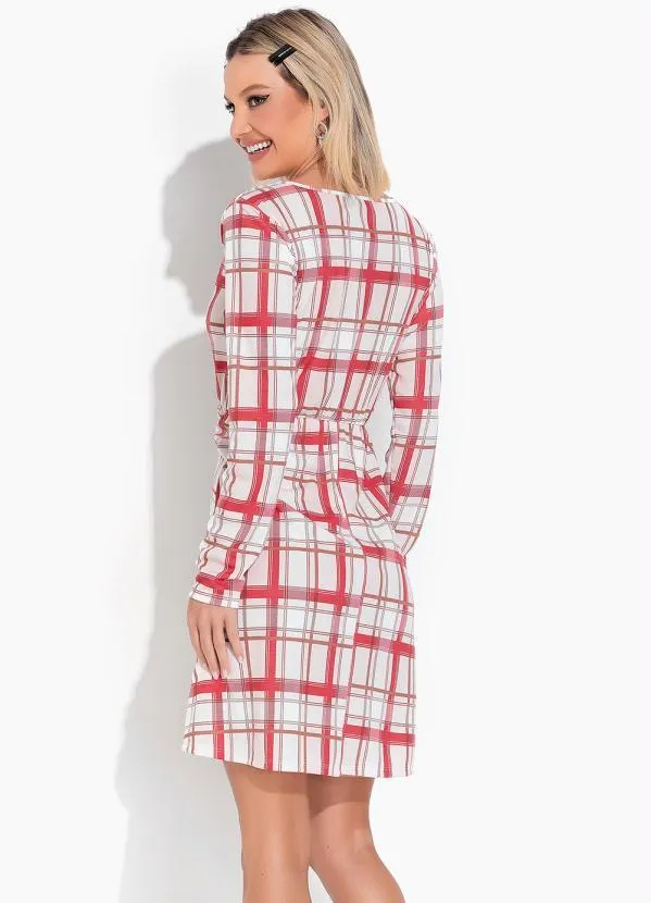 Moda Pop - Vestido Xadrez Off White com Decote Transpassado 2