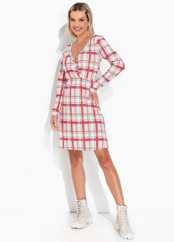 Moda Pop - Vestido Xadrez Off White com Decote Transpassado 3