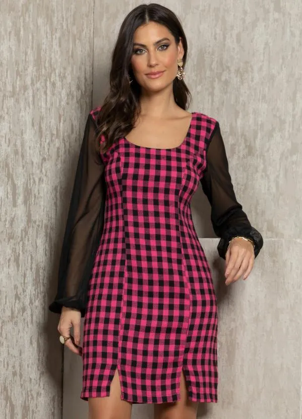 Quintess Vestido Xadrez Pink com Mangas Longas