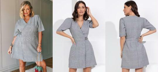 Vestido Xadrez Transpassado com Corrente