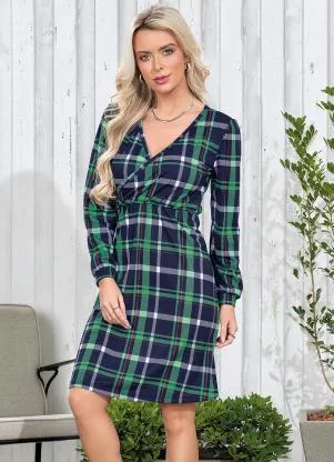 Moda Pop - Vestido Xadrez Verde com Decote Transpassado - MODA POP