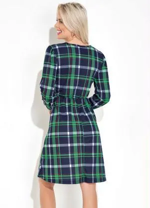 Moda Pop - Vestido Xadrez Verde com Decote Transpassado - MODA POP
