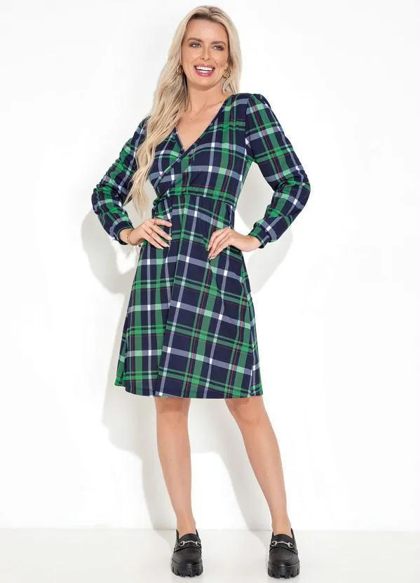 Moda Pop - Vestido Xadrez Verde com Decote Transpassado 5