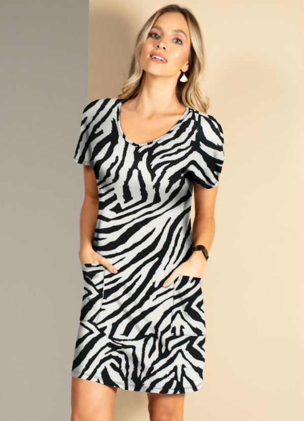 Quintess - Vestido Zebra Soltinho com Bolsos na Frente