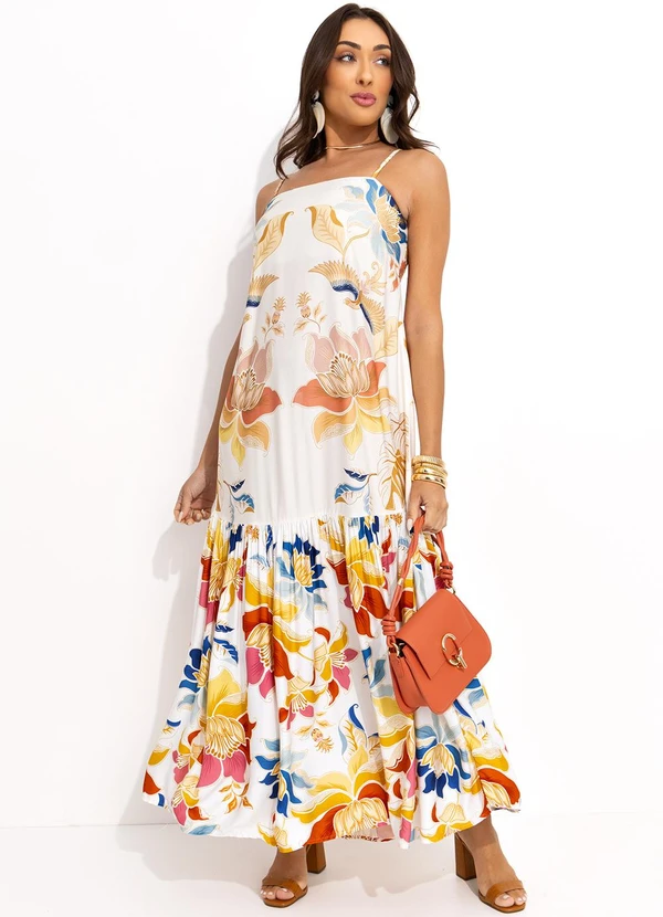 Farm - Vestido Alça Floral Majestoso Off White