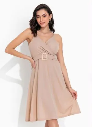 Queima Estoque - Vestido Bege com Decote Transpassada e Faixa - QUEIMA ESTOQUE