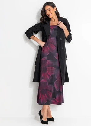 Quintess - Vestido Floral Bordô em Malha Fria - QUINTESS