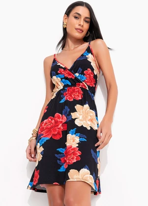 Quintess - Vestido Floral Preto em Malha de Viscose - QUINTESS