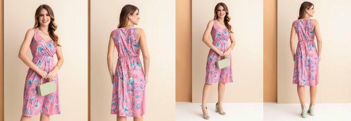 Vestido Floral Rosa em Jersey Acetinado