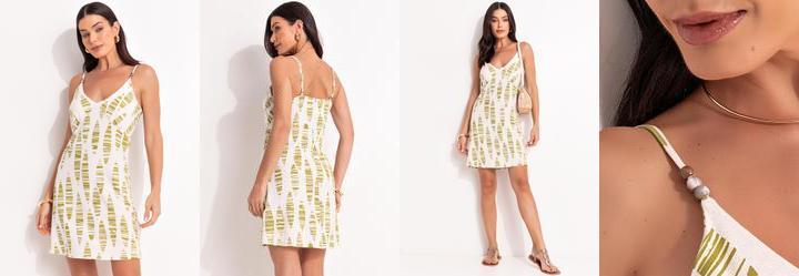 Vestido Folhas Listradas em Malha de Viscose