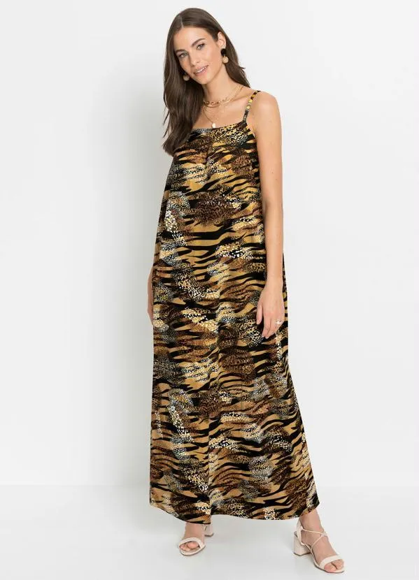 bonprix - Vestido Longo de Alcinha Animal Print Preto