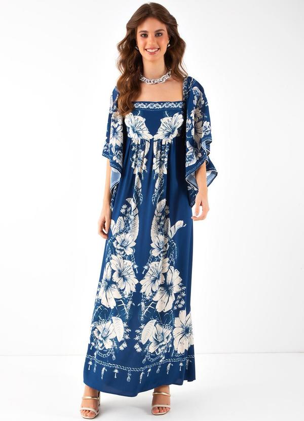 Farm - Vestido Manga Brilho Tropical Azul