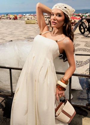 Naguchi - Vestido Midi com Pregas Off White  - NAGUCHI