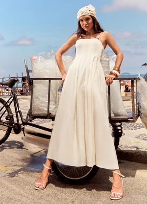 Naguchi - Vestido Midi com Pregas Off White  - NAGUCHI