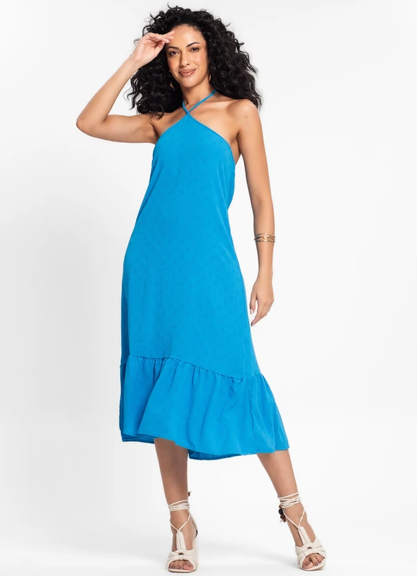 Rovitex - Vestido Midi de Alça e Babados em Air Flow Azul