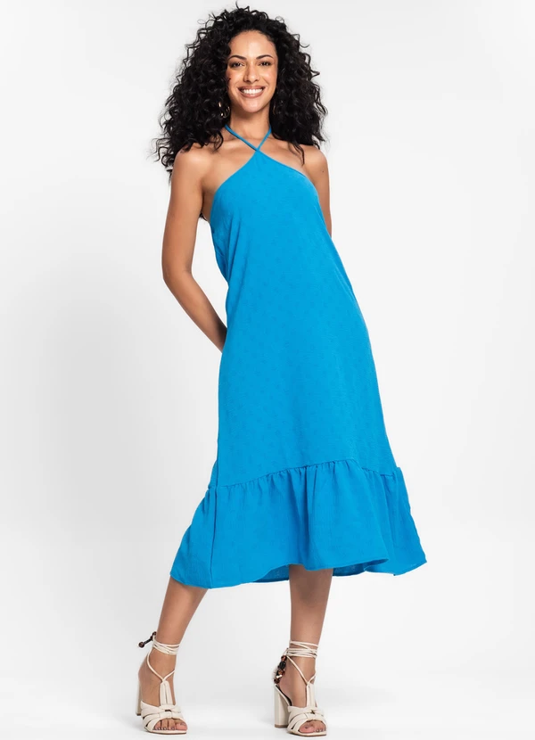 Rovitex - Vestido Midi de Alça e Babados em Air Flow Azul 3