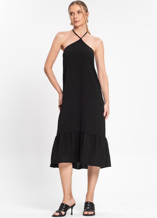 Rovitex - Vestido Midi de Alça e Babados em Air Flow Preto