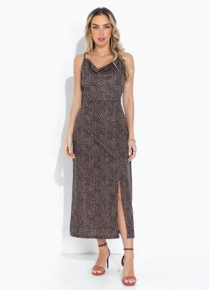 Moda Pop - Vestido Tigre com Alças, Decote Degagê e Fenda - MODA POP