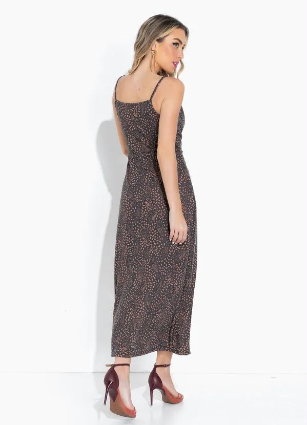 Moda Pop - Vestido Tigre com Alças, Decote Degagê e Fenda 2