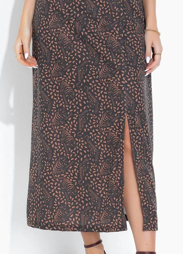 Moda Pop - Vestido Tigre com Alças, Decote Degagê e Fenda 4