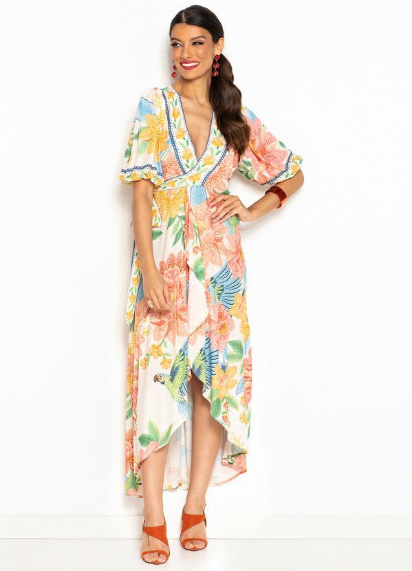 Farm - Vestido Cropped de Viscose Arara em Flor Bege