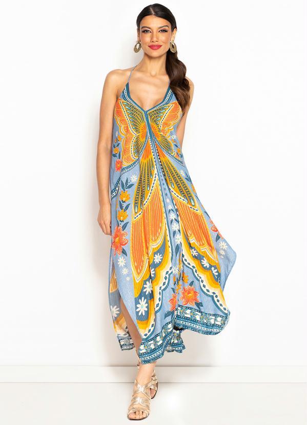 Farm - Vestido Cropped de Viscose Estampa Doce Voo Azul 1