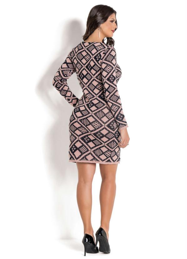 Outlet - Vestido em Tricô com Mangas Longas Geométrico 3