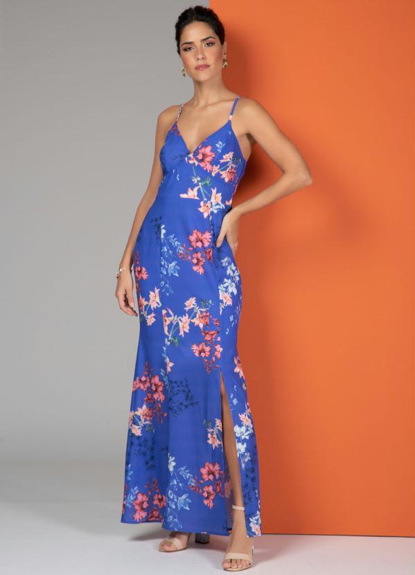 Quintess - Vestido Longo de Alças com Fenda Floral Azul
