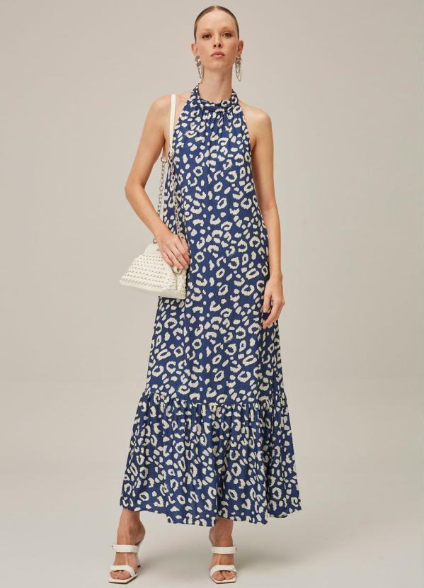 Lança Perfume - Vestido Longo de Crepe Pé na Areia Azul