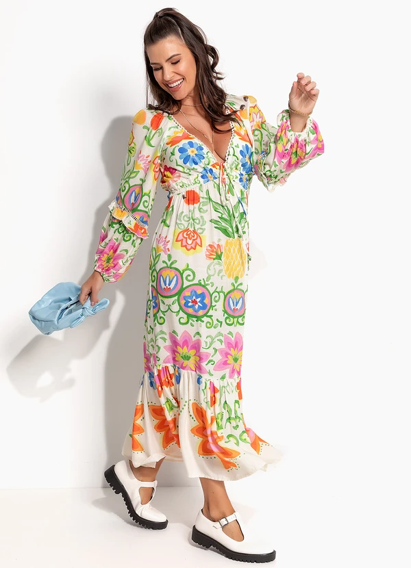Farm - Vestido Longo de Viscose Aquarela Tropical