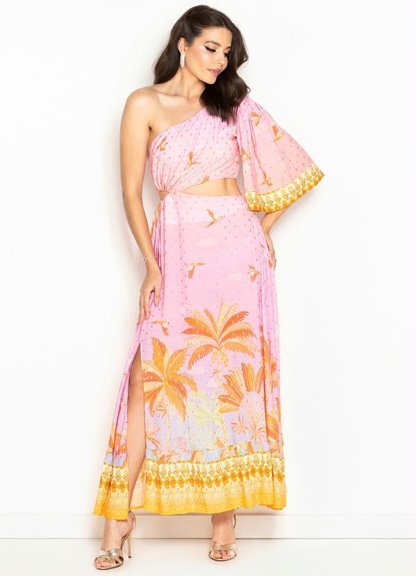 Farm - Vestido Longo de Viscose Céu Tropical Rosa