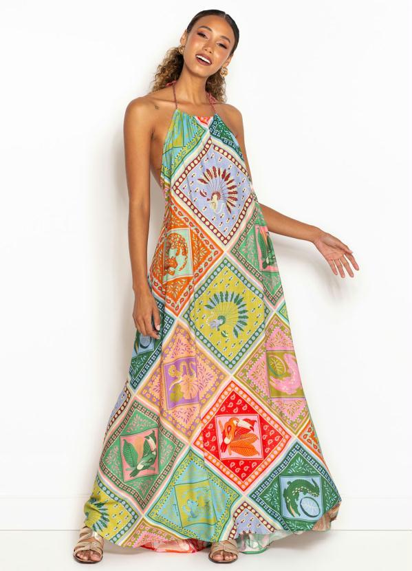 Farm - Vestido Longo de Viscose Lenço Bichos Estampado