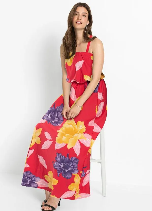 bonprix - Vestido Alongado de Alça Floral Vermelho