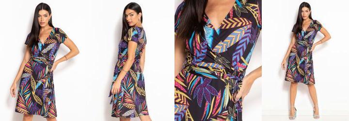 Vestido Decote Transpassado Folhagem Preto