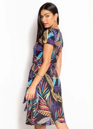 bonprix - Vestido Decote Transpassado Folhagem Preto - BONPRIX