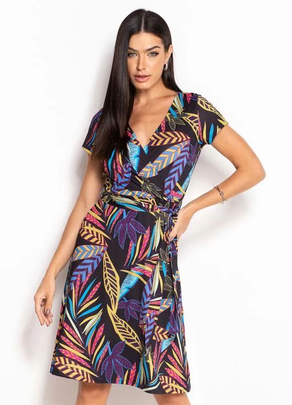 bonprix - Vestido Decote Transpassado Folhagem Preto