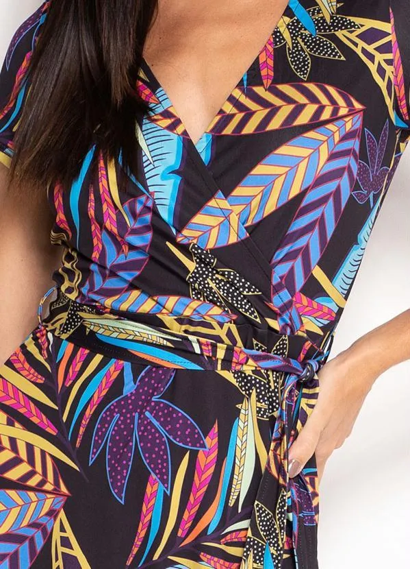 bonprix - Vestido Decote Transpassado Folhagem Preto 3