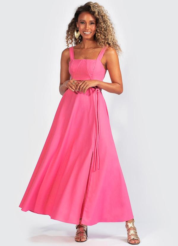 Farm - Vestido em Viscolinho Fenda Rosa