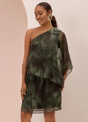 Lunender - Vestido Estampado de um Ombro Só Verde - LUNENDER